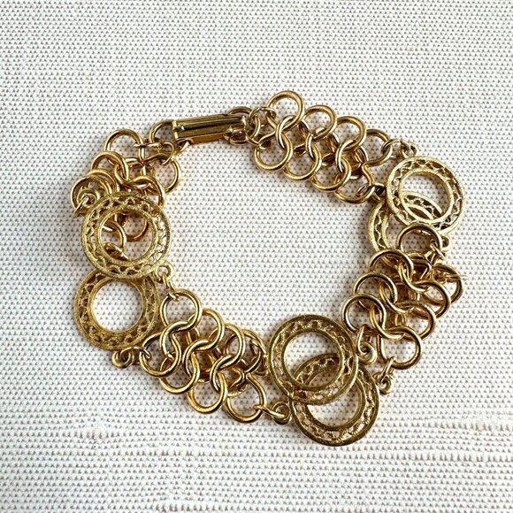 Vintage Gold-Tone Circle Link Bracelet With Filigree Detail 6.75" Long - Picture 1 of 9